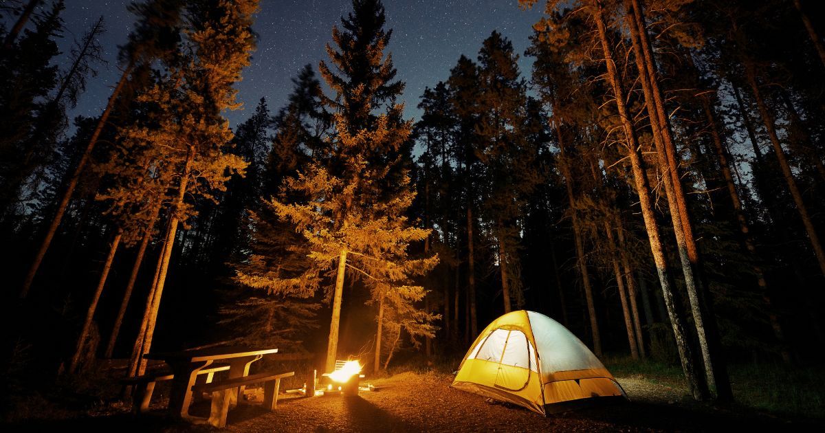 tent setup next to a fire pit