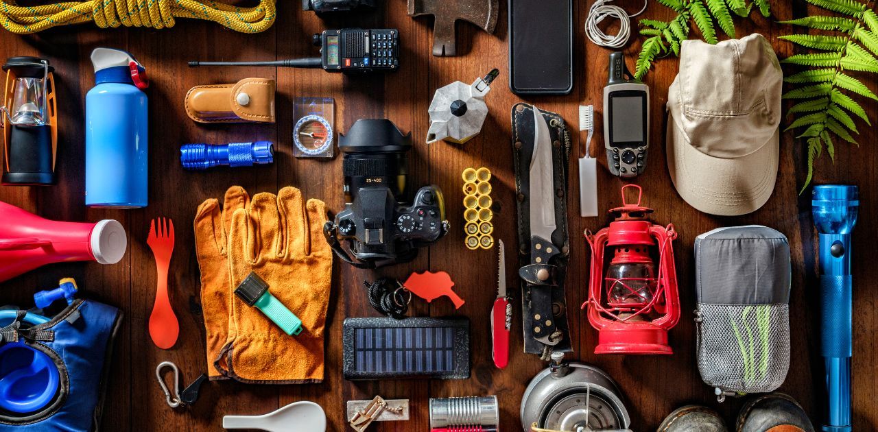 organized layout of camping gear