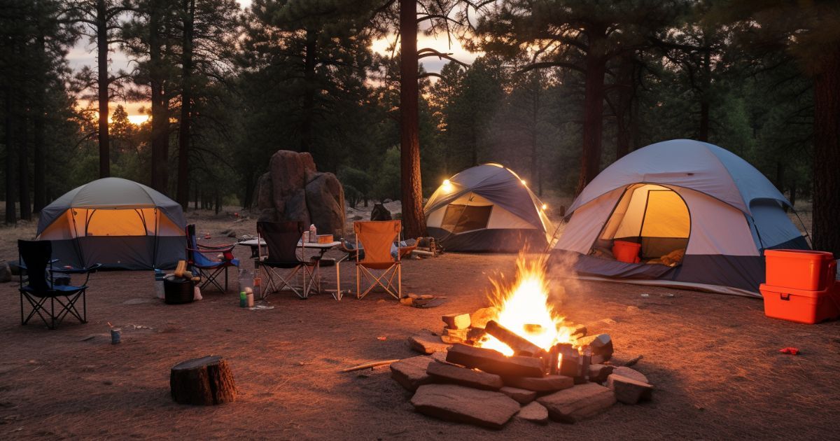 campsite at night with tents and fire
