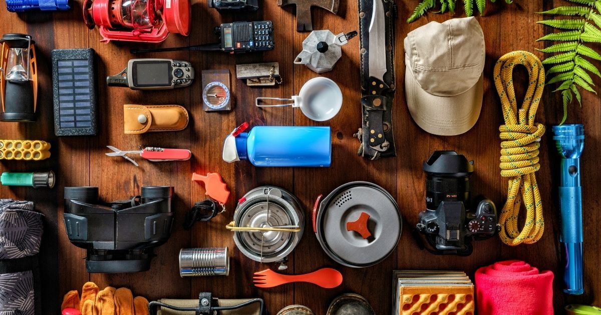 camping gear laid out