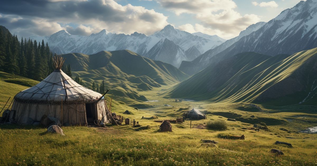 depictioin of a yurt tent setup in the mountains of Central Asia