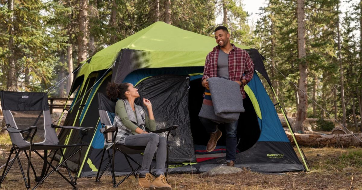 coleman dark room cabin tent setup in the forest