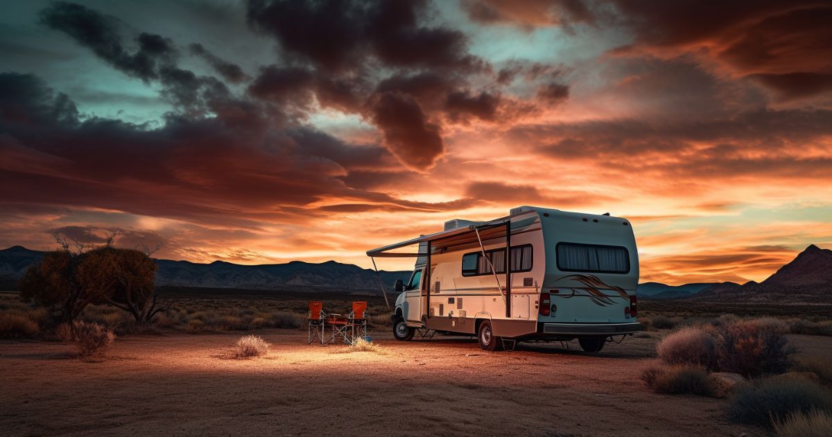 rv at sunset in the desert