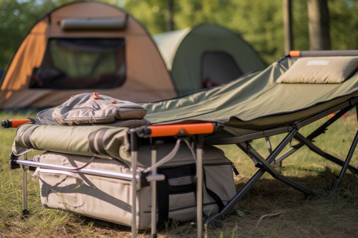 camping cots, tents setup in background