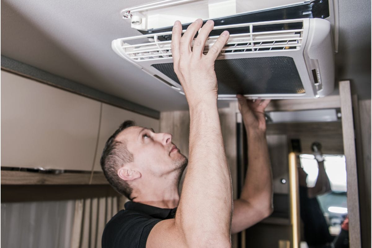 rv ac unit being installed